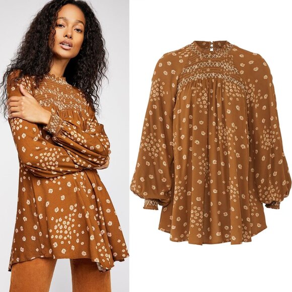 Free People Flowers In Her Hair Brown Boho Tunic Longline S Smocked Ditsy $118 - Picture 1 of 16